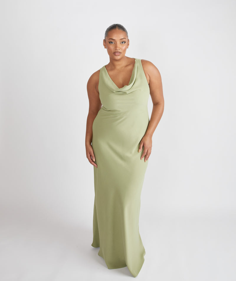 Cowl Front Crepe Bridesmaid Dress - Sage