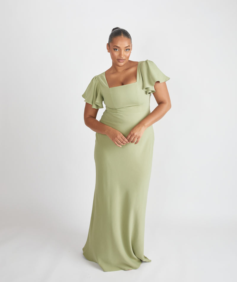 Square Neck Flutter Sleeve Crepe Bridesmaid Dress - Sage