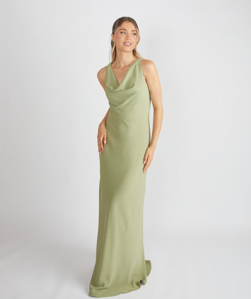 Cowl Front Crepe Bridesmaid Dress - Sage