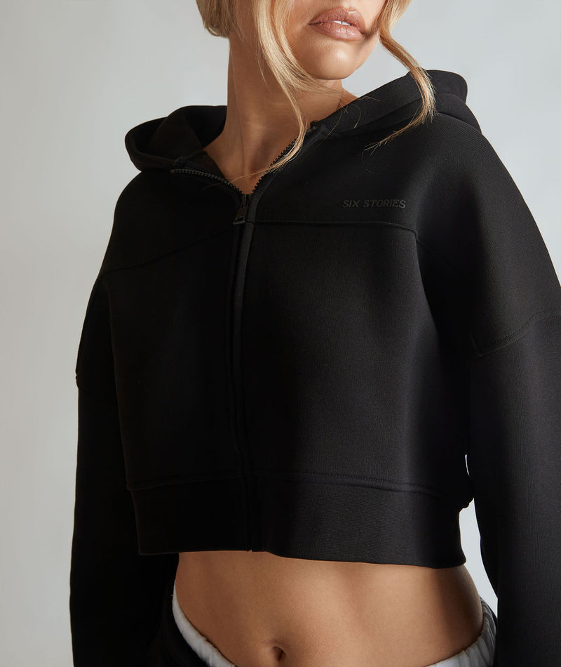 Cropped Zip Through Hoodie - Black