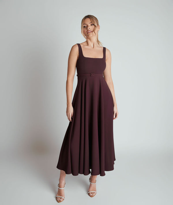 Square Neck Belted Midi Dress - Burgundy