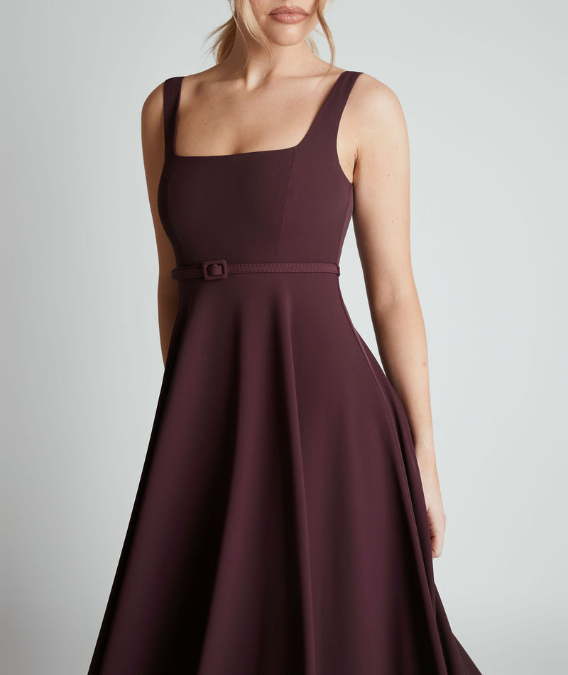 Square Neck Belted Midi Dress - Burgundy