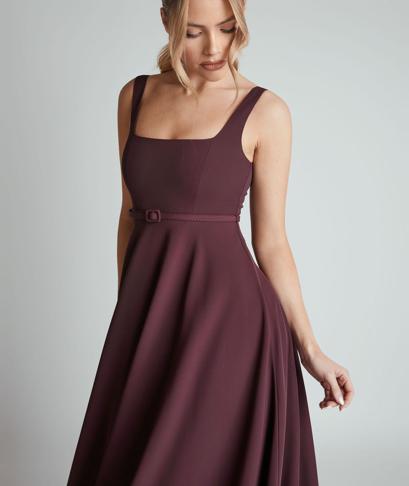 Square Neck Belted Midi Dress - Burgundy