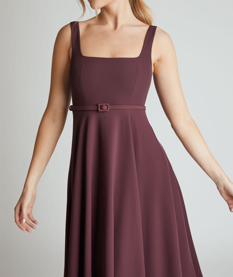 Square Neck Belted Midi Dress - Burgundy