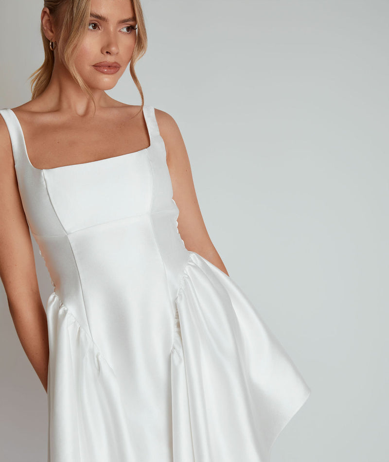 Satin Bow Back Pleated Skirt Mini Dress - White