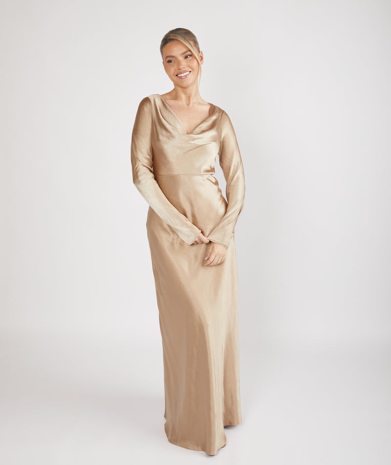 Cowl Front Long Sleeve Satin Bridesmaid Dress - Champagne