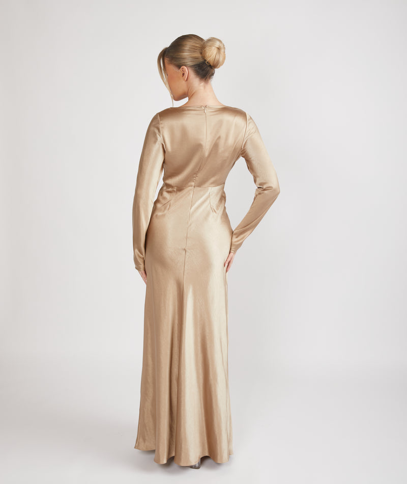 Cowl Front Long Sleeve Satin Bridesmaid Dress - Champagne