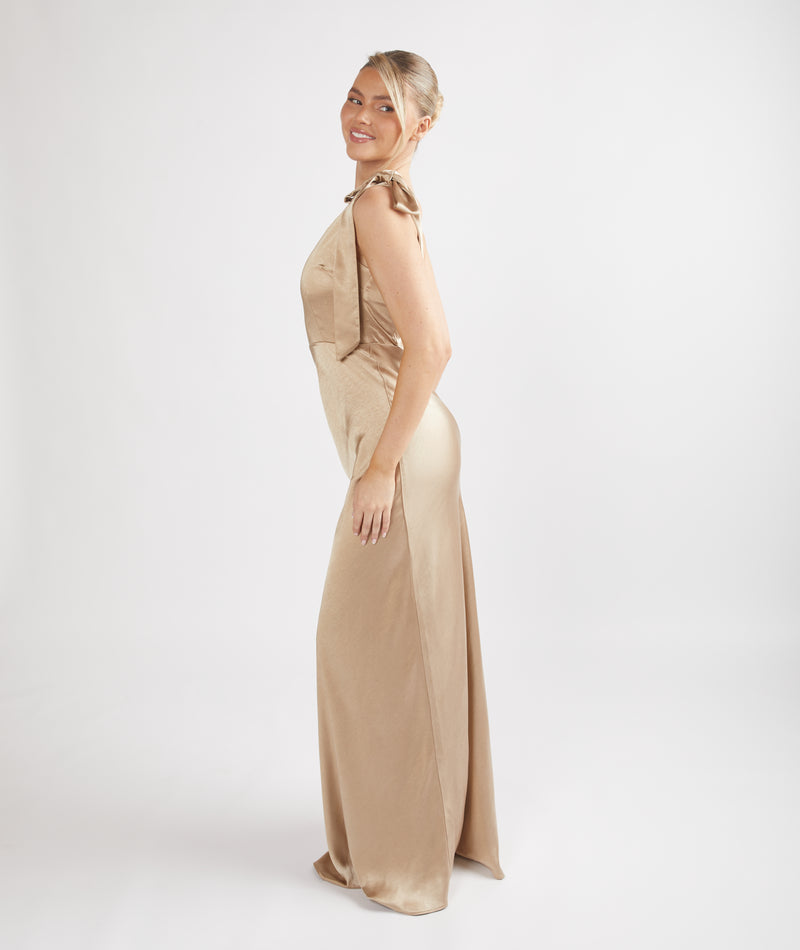 Bow One Shoulder Satin Bridesmaid Dress - Champagne