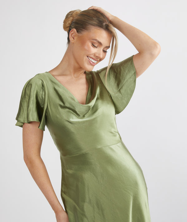 Cowl Front Satin Short Sleeve Bridesmaid Dress - Moss Green