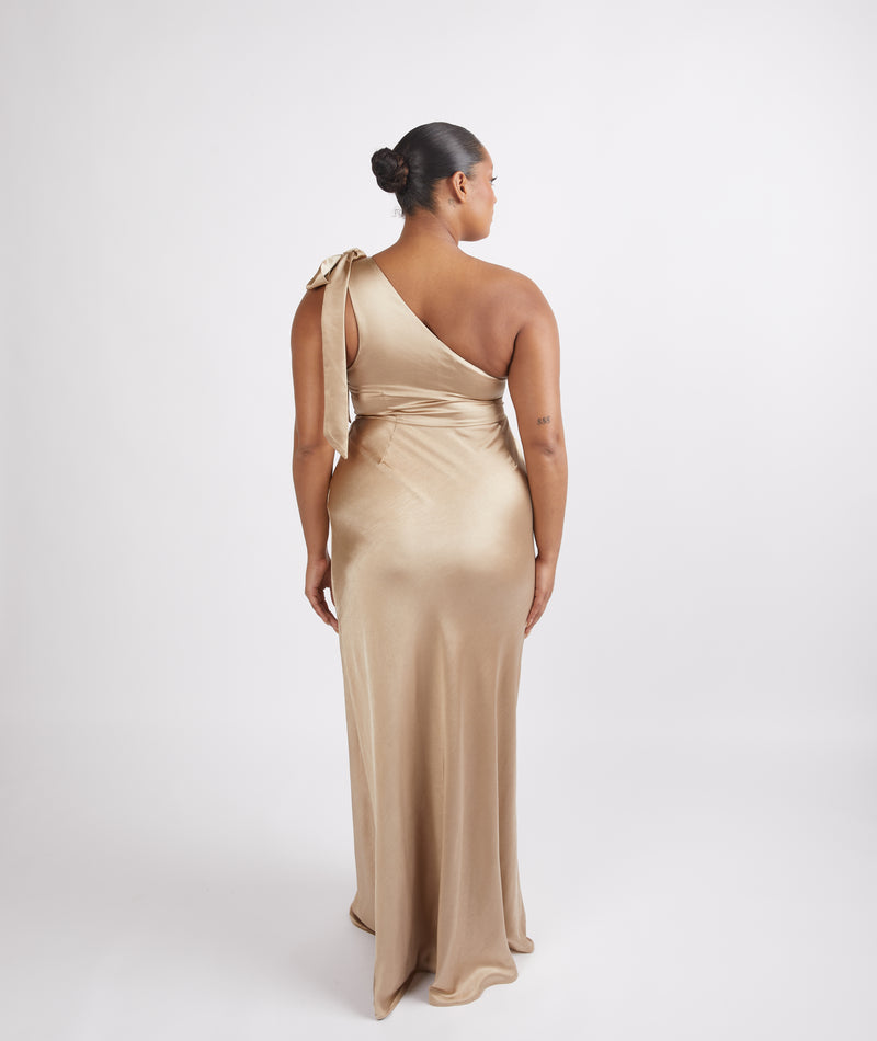 Bow One Shoulder Satin Bridesmaid Dress - Champagne