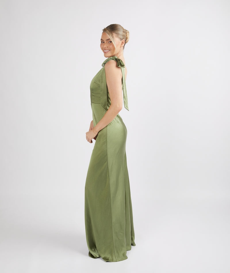 Bow One Shoulder Satin Bridesmaid Dress - Moss Green