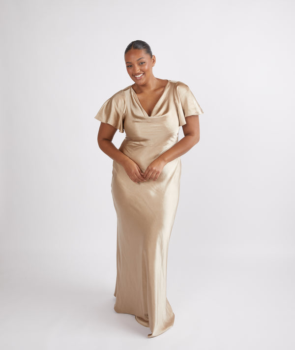 Cowl Front Satin Short Sleeve Bridesmaid Dress - Champagne