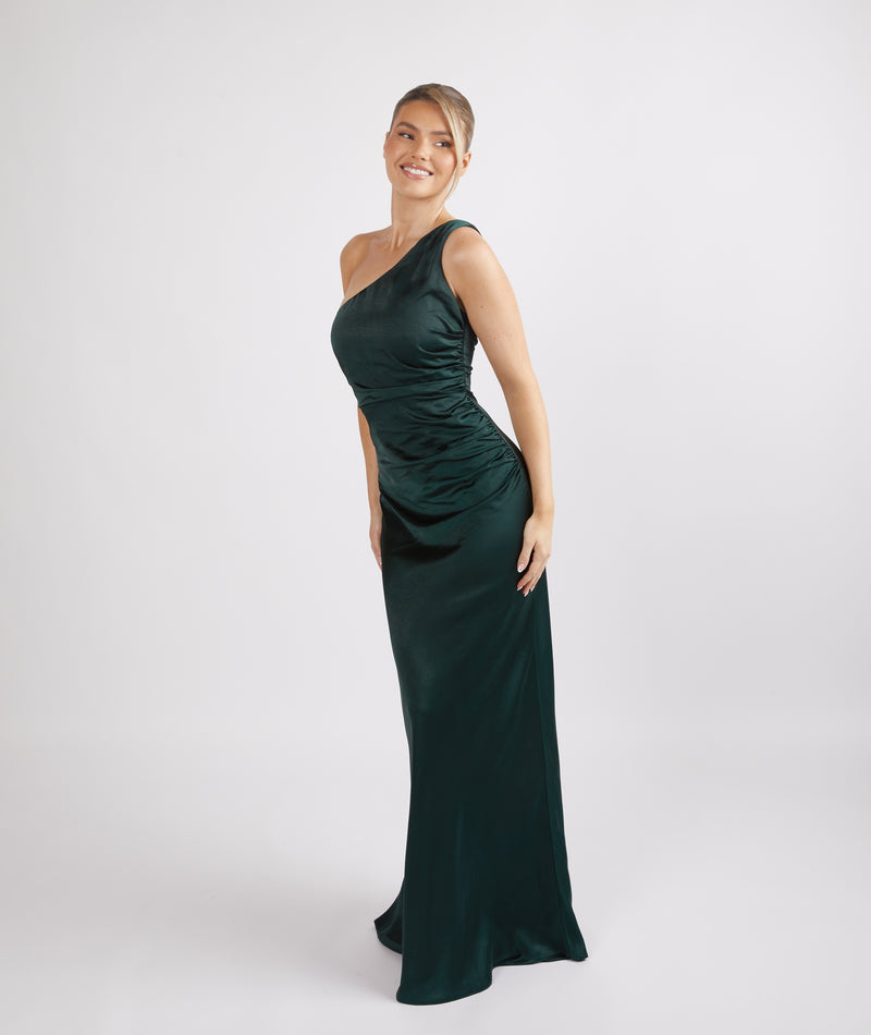 One Shoulder Satin Ruched Bridesmaid Dress - Emerald