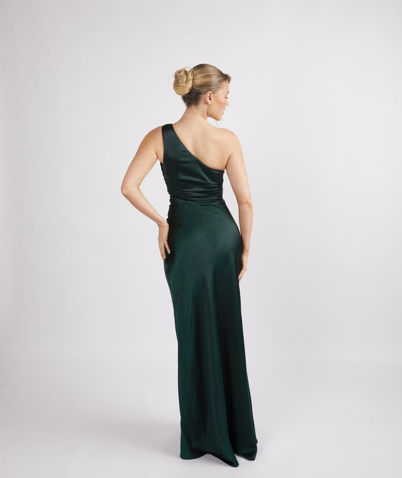 One Shoulder Satin Ruched Bridesmaid Dress - Emerald