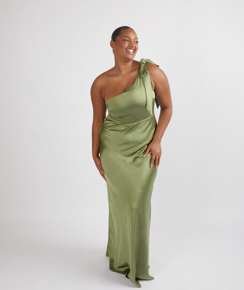 Bow One Shoulder Satin Bridesmaid Dress - Moss Green