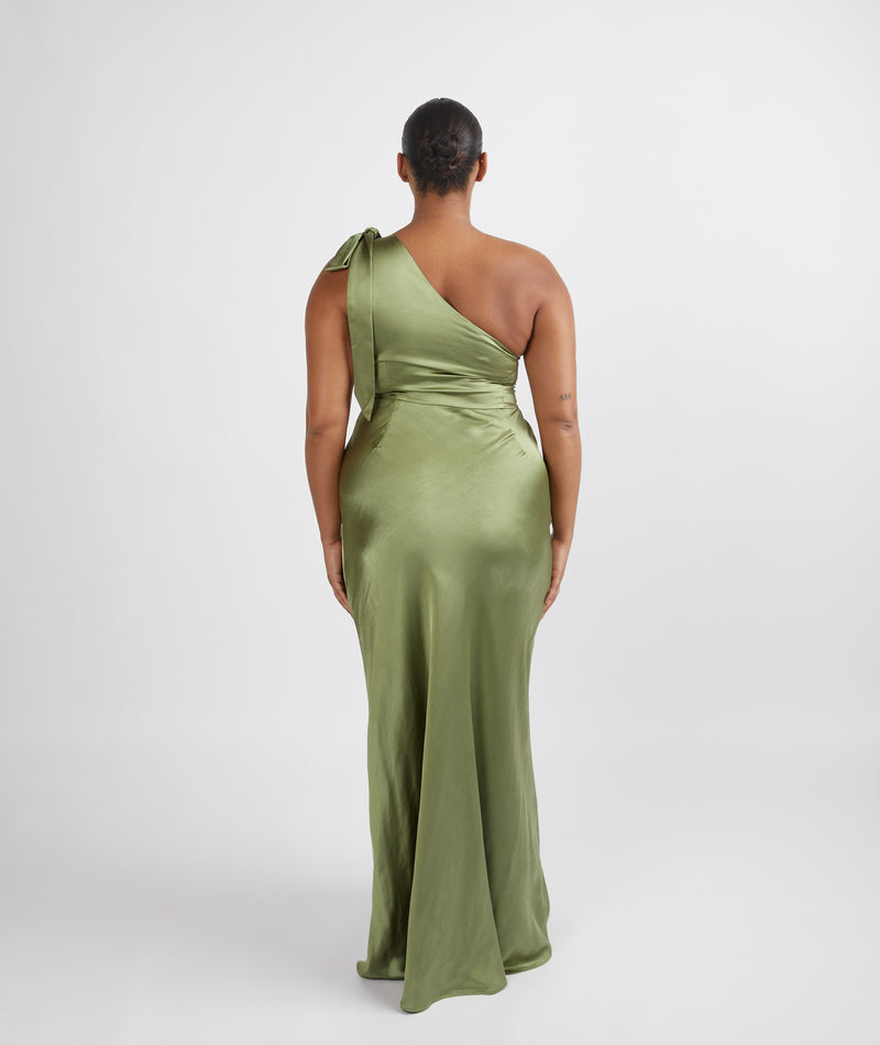 Bow One Shoulder Satin Bridesmaid Dress - Moss Green