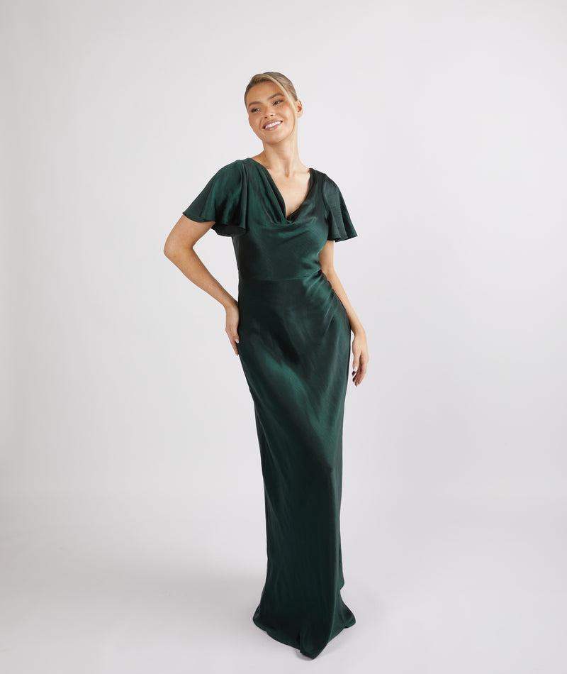 Cowl Front Satin Short Sleeve Bridesmaid Dress - Emerald