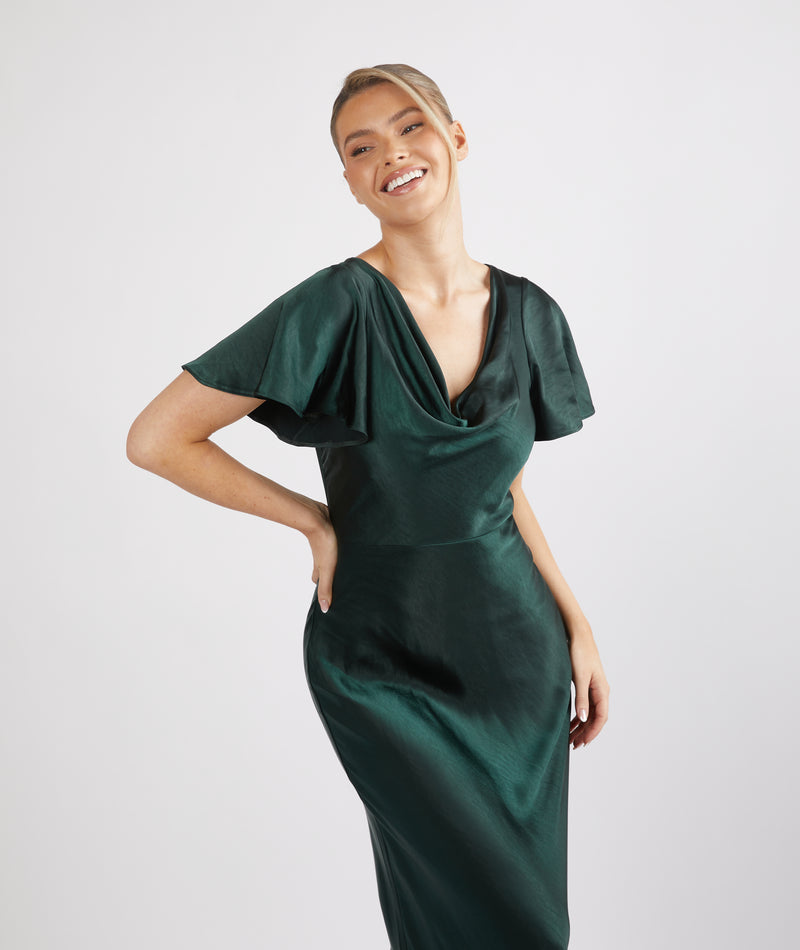 Cowl Front Satin Short Sleeve Bridesmaid Dress - Emerald