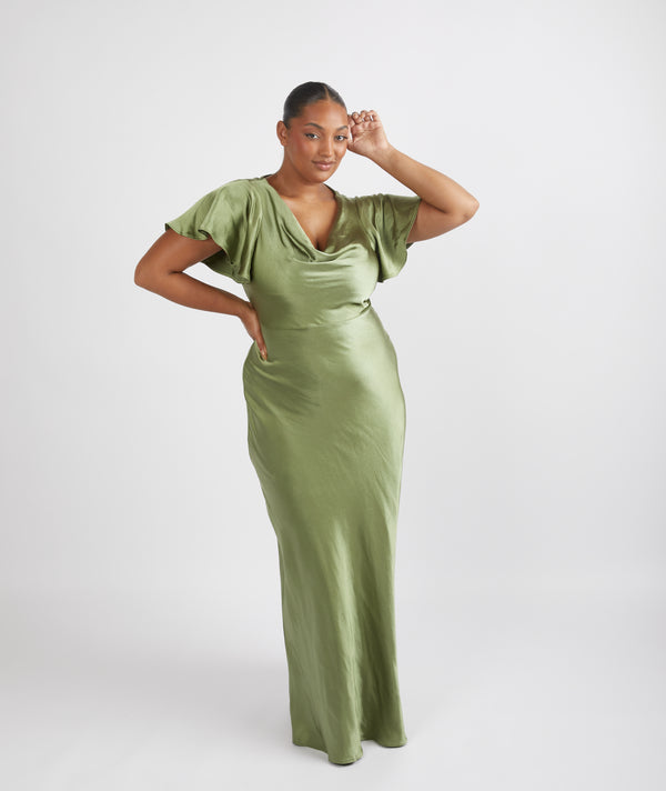 Cowl Front Satin Short Sleeve Bridesmaid Dress - Moss Green