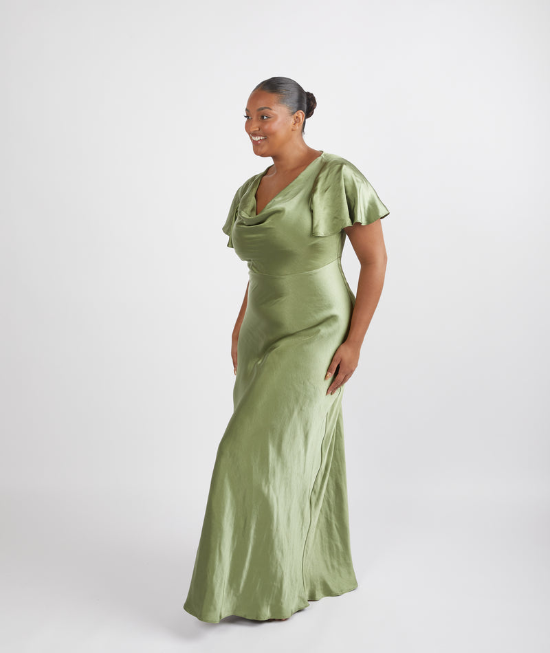 Cowl Front Satin Short Sleeve Bridesmaid Dress - Moss Green