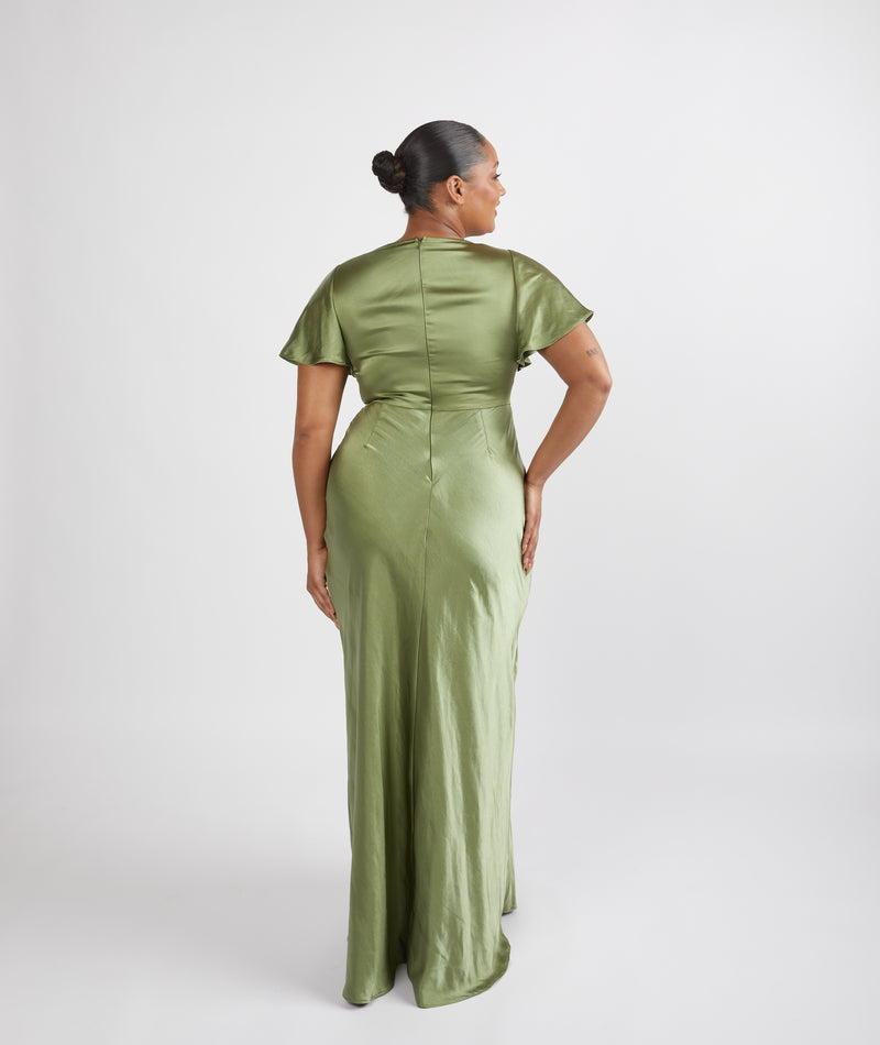 Cowl Front Satin Short Sleeve Bridesmaid Dress - Moss Green