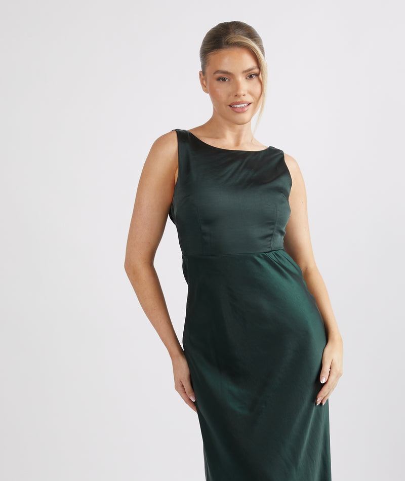 Cowl Back Satin Bridesmaid Dress - Emerald