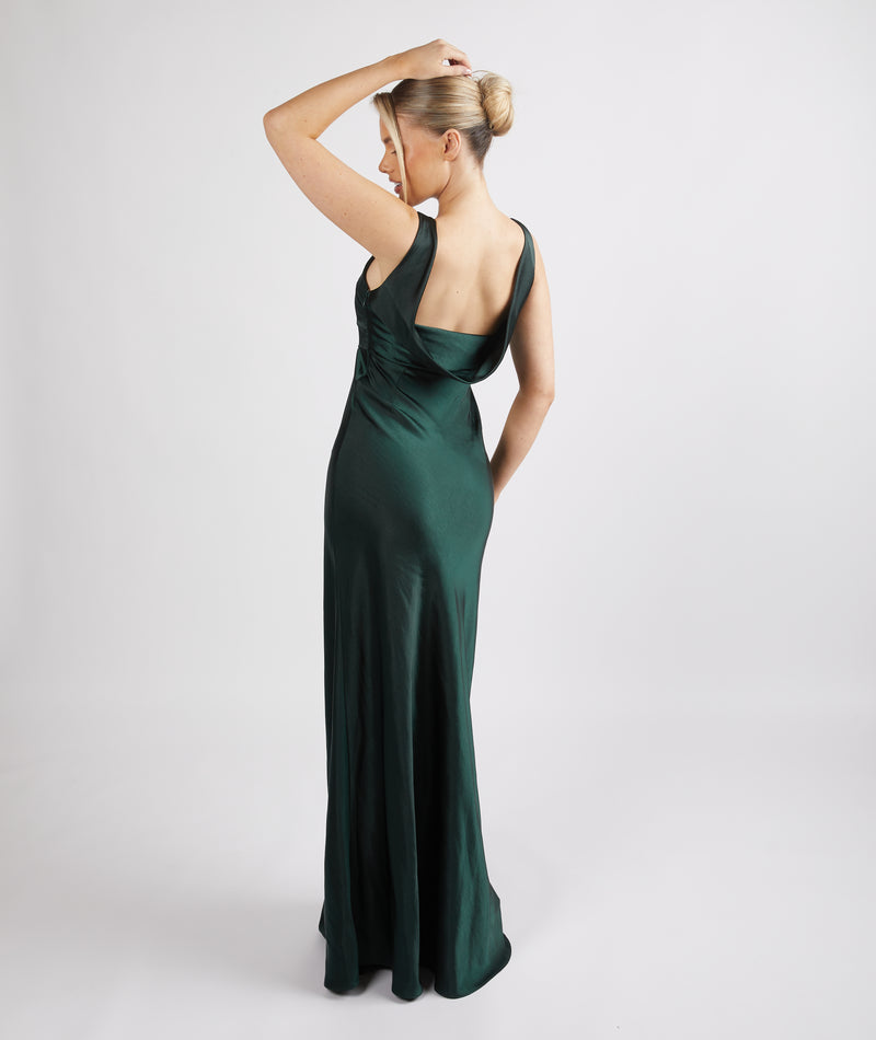 Cowl Back Satin Bridesmaid Dress - Emerald