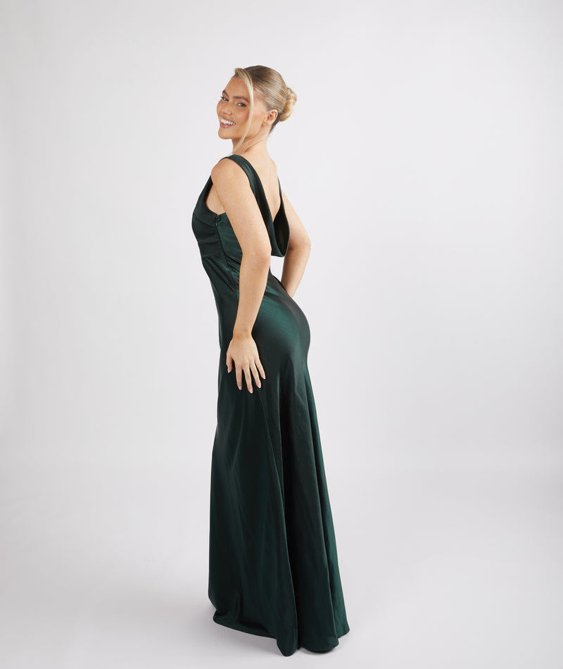 Cowl Back Satin Bridesmaid Dress - Emerald