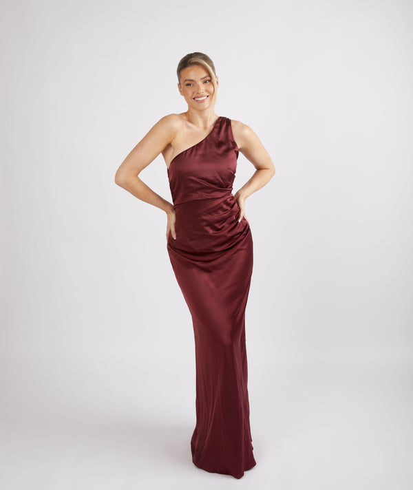 One Shoulder Satin Ruched Bridesmaid Dress - Deep Wine