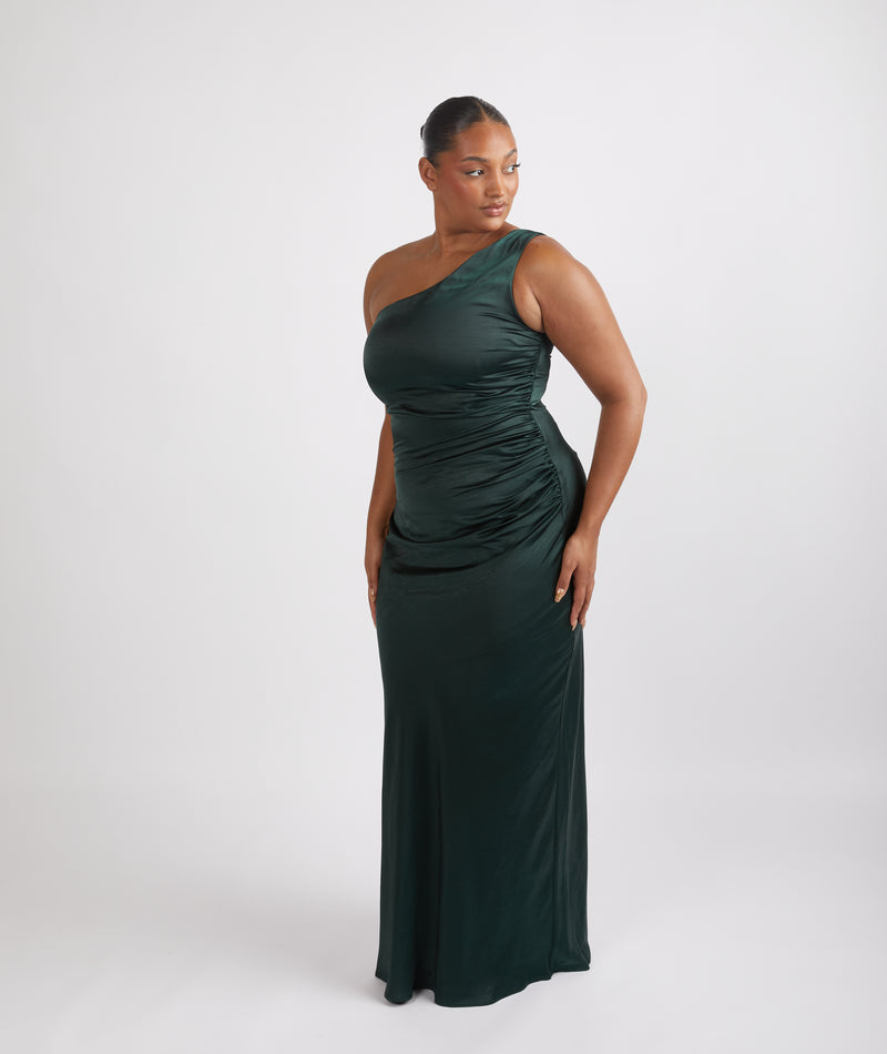 One Shoulder Satin Ruched Bridesmaid Dress - Emerald