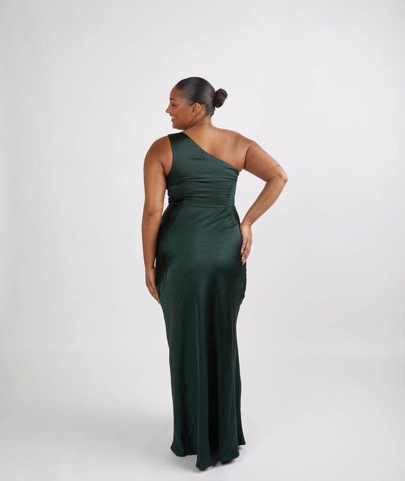 One Shoulder Satin Ruched Bridesmaid Dress - Emerald