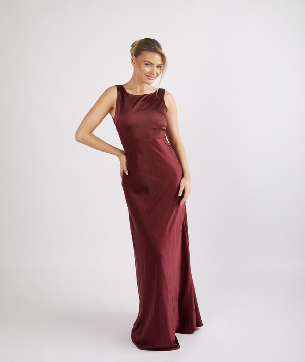 Cowl Back Satin Bridesmaid Dress - Deep Wine