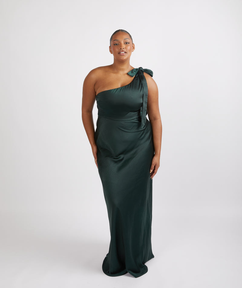 Bow One Shoulder Satin Bridesmaid Dress - Emerald