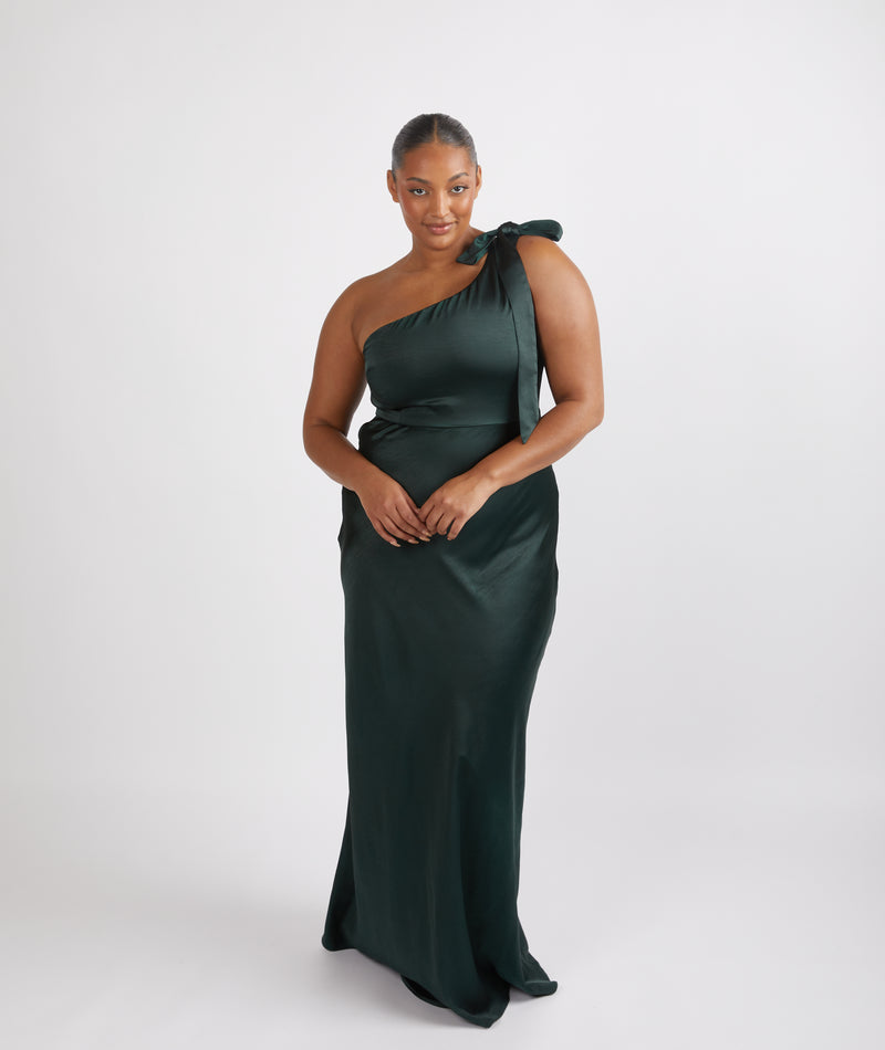 Bow One Shoulder Satin Bridesmaid Dress Emerald Six Stories