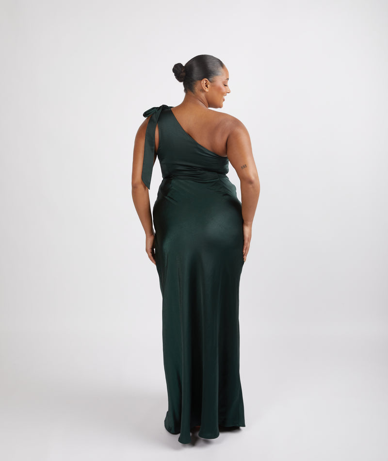 Bow One Shoulder Satin Bridesmaid Dress - Emerald