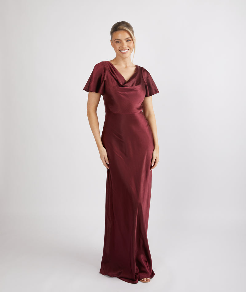 Cowl Front Satin Short Sleeve Bridesmaid Dress Deep Wine