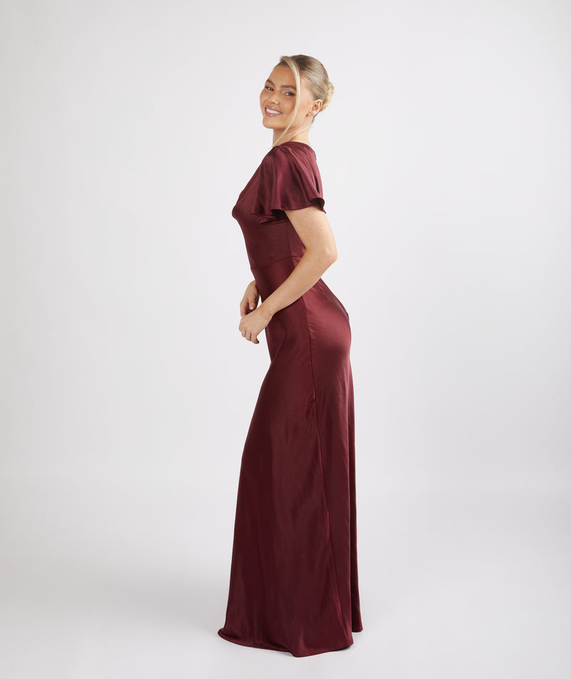 Cowl Front Satin Short Sleeve Bridesmaid Dress - Deep Wine