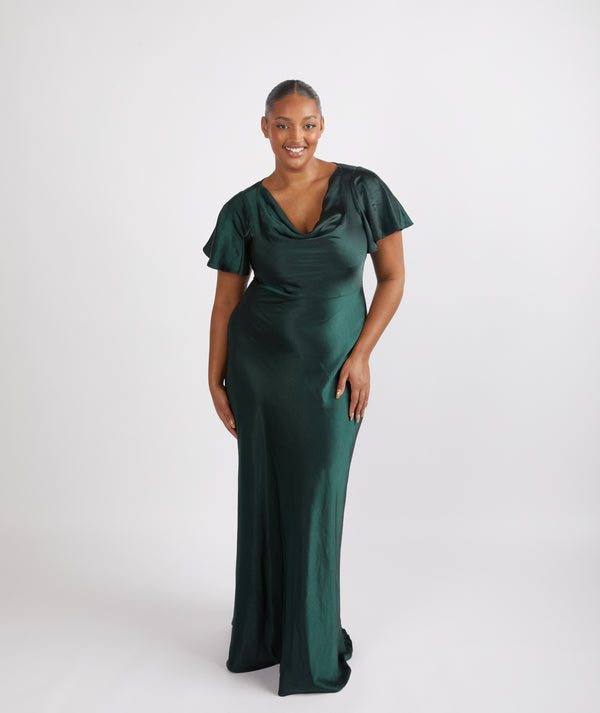 Cowl Front Satin Short Sleeve Bridesmaid Dress - Emerald