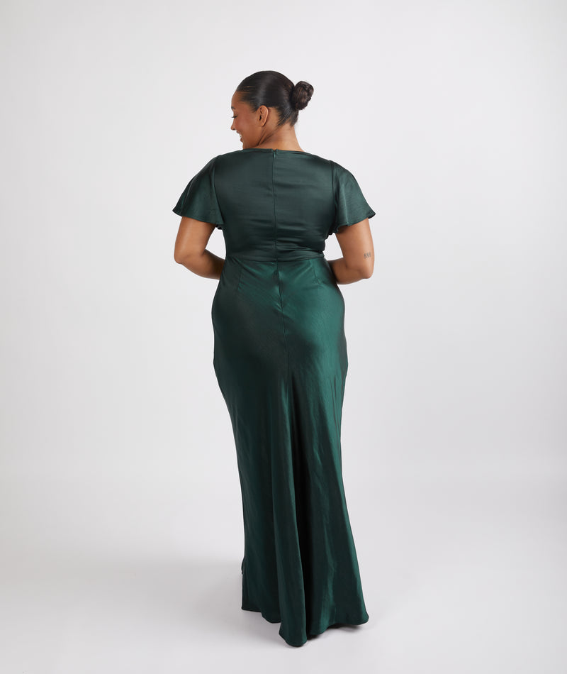 Cowl Front Satin Short Sleeve Bridesmaid Dress - Emerald