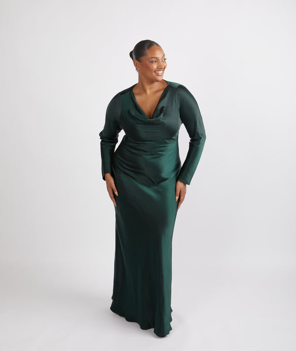 Cowl Front Long Sleeve Satin Bridesmaid Dress - Emerald