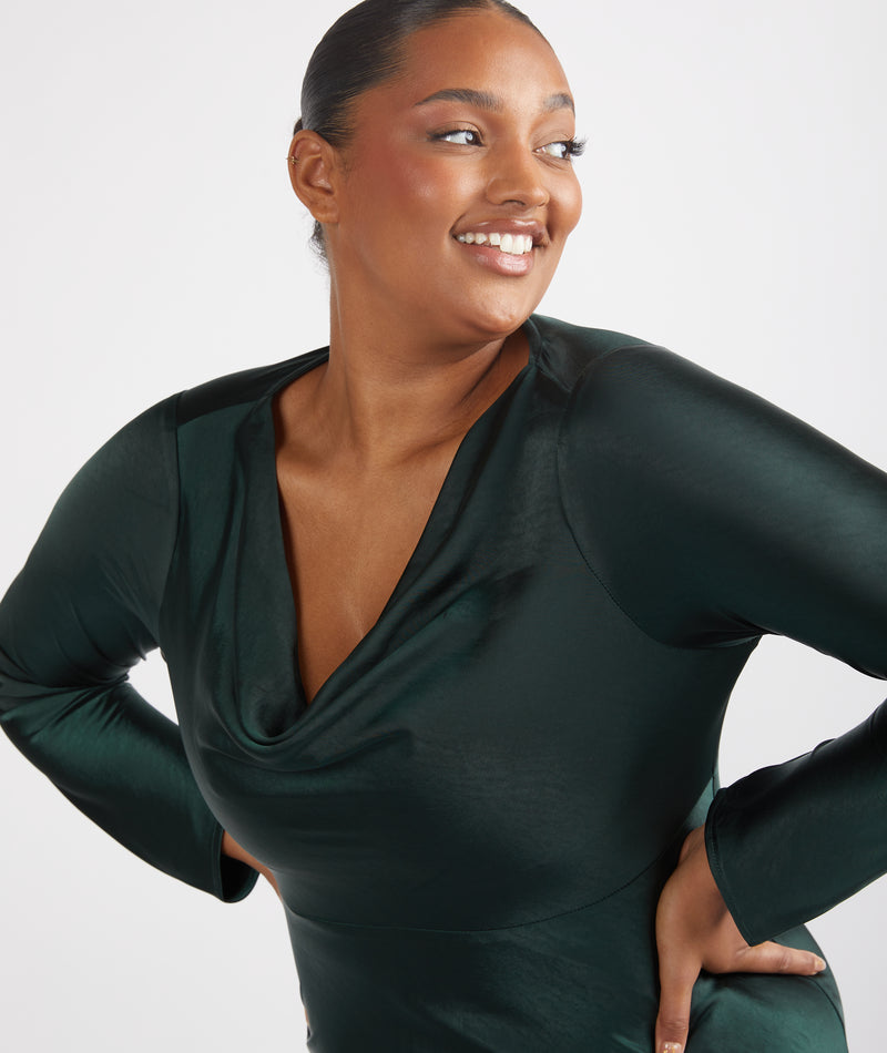 Cowl Front Long Sleeve Satin Bridesmaid Dress - Emerald