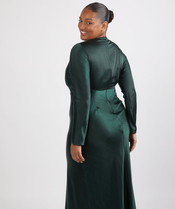 Cowl Front Long Sleeve Satin Bridesmaid Dress - Emerald