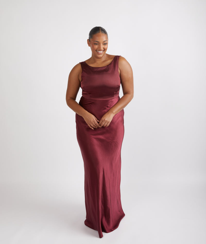 Cowl Back Satin Bridesmaid Dress - Deep Wine