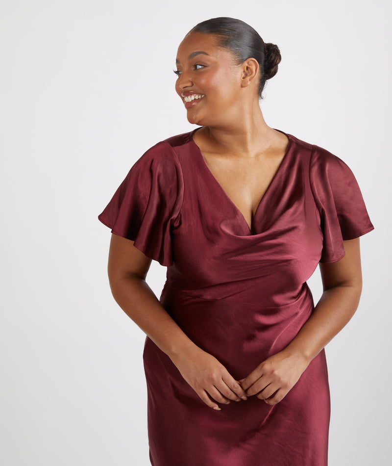 Cowl Front Satin Short Sleeve Bridesmaid Dress - Deep Wine