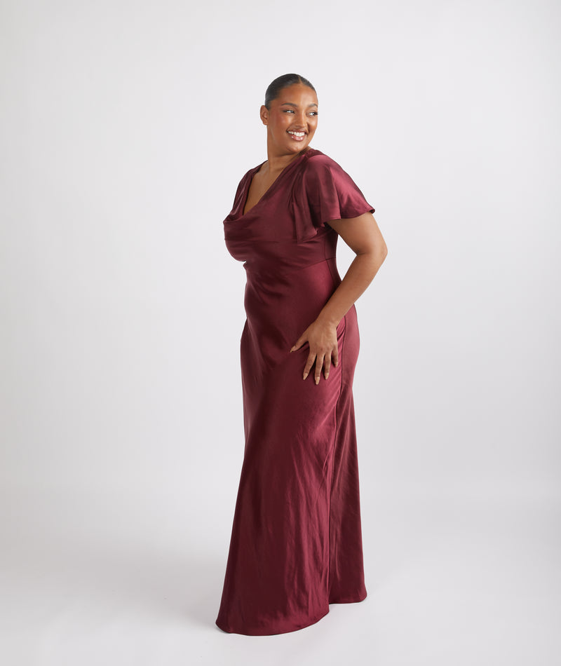 Cowl Front Satin Short Sleeve Bridesmaid Dress - Deep Wine