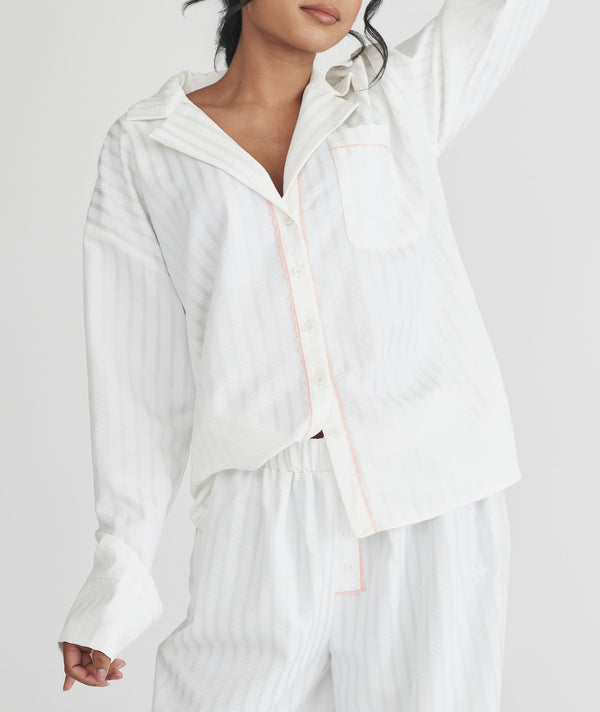 Textured Trim Button Down Pyjama Top - White