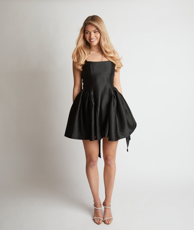 Satin Bow Back Pleated Skirt Mini Dress Black