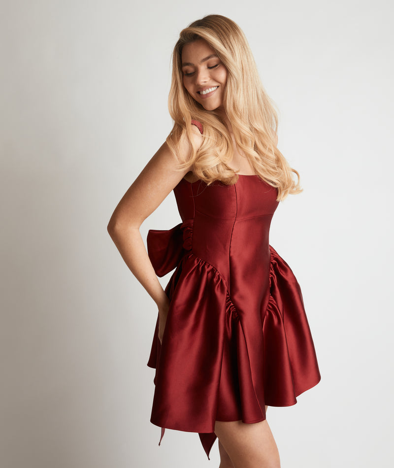 Satin Bow Back Pleated Skirt Mini Dress - Ruby