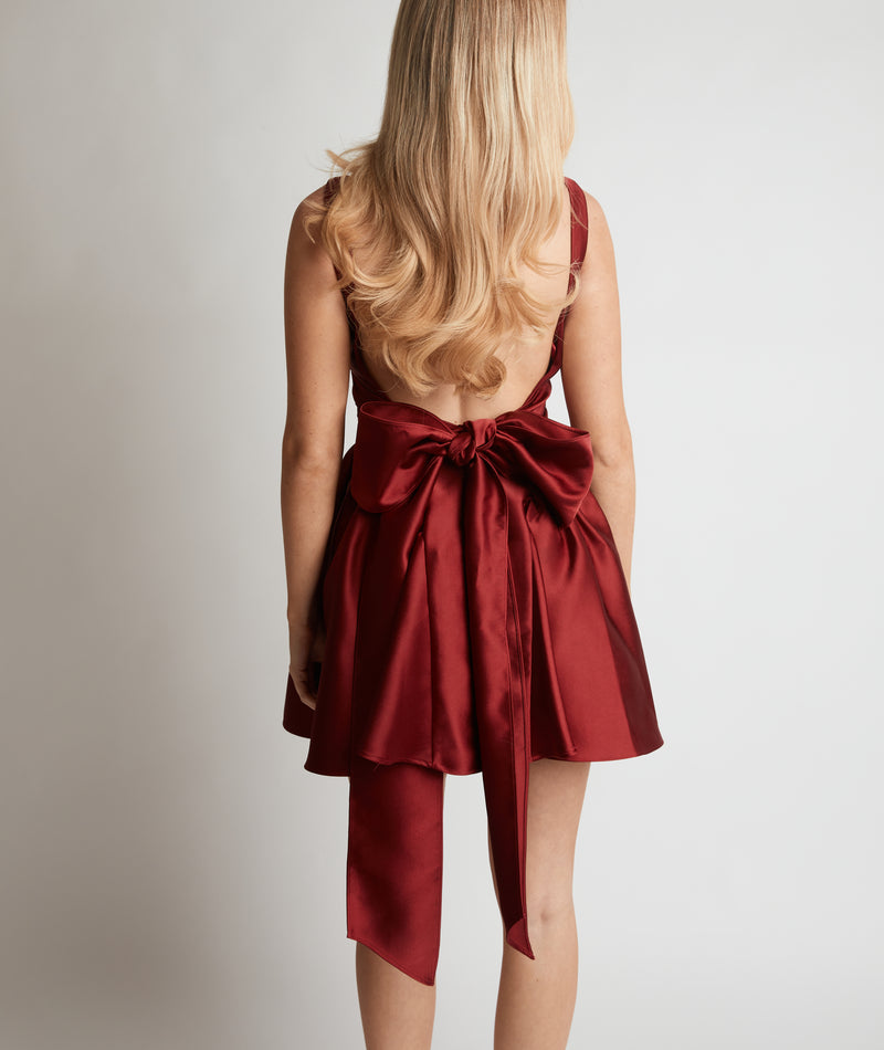 Satin Bow Back Pleated Skirt Mini Dress - Ruby