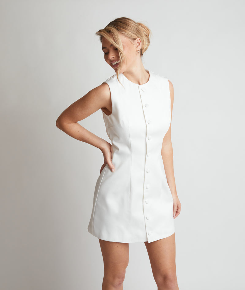 Button Through Satin Tailored Mini Dress - White